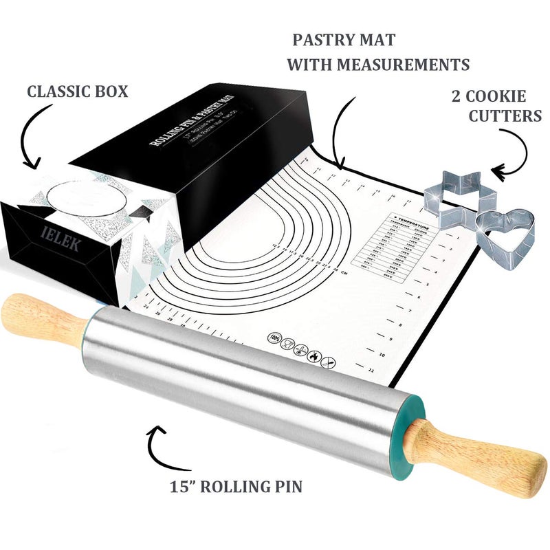 IELEK Rolling Pin Nonstick and Silicone Baking Pastry Mat Combo Kit Dough Rollers for Baking Pasta,Cookie Dough,Pastry,Bakery,Pizza - Image 4